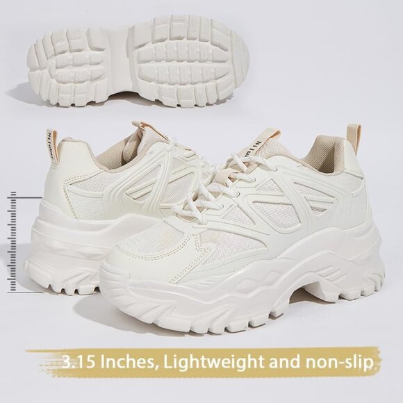 ⚡Women's Beige Platform Sneakers Comfortable Casual Lace Up Fashion Tennis - Picture 2 of 7